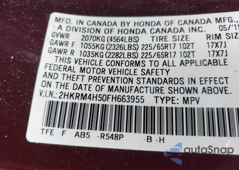 2015 Honda Cr-V Ex из США, поврежденный, VIN 2HKRM4H50FH663955